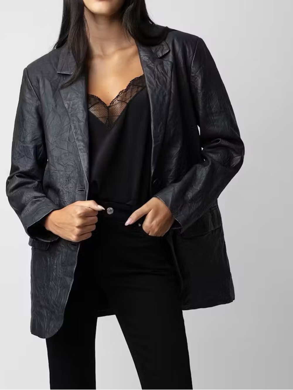 Zadig&Voltaire Venturi Crinkled Leather Blazer Anthracite Gray Size 34/XS NWT